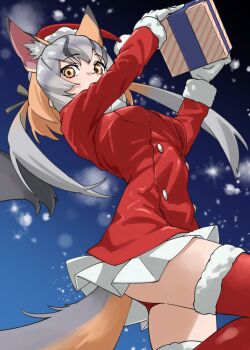 Rule 34 | 1girl, alternate costume, animal ear fluff, animal ears, box, buttons, coat, commentary, cowboy shot, double-breasted, extra ears, fox ears, fox girl, fox tail, fur-trimmed thighhighs, fur trim, gift, gift box, gloves, grey hair, hat, highres, island fox (kemono friends), kemono friends, long hair, long sleeves, looking at viewer, miniskirt, multicolored hair, night, orange eyes, orange hair, panties, pleated skirt, red coat, red hat, red panties, red thighhighs, santa costume, santa hat, simple background, skirt, sky, snow, snowing, solo, tail, tanabe (fueisei), thighhighs, twintails, underwear, white gloves, white skirt