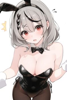 1girl absurdres alternate_costume animal_ear_hairband animal_ears bare_shoulders black_bow black_bowtie black_leotard black_pantyhose black_streaks bow bowtie braid braided_bangs breasts center-flap_bangs cleavage commentary covered_navel cowboy_shot detached_collar double-parted_bangs fake_animal_ears fake_tail flying_sweatdrops grey_hair hair_ornament hairband hairclip highleg highleg_leotard highres hololive large_breasts leotard looking_at_viewer medium_hair nyashira open_mouth pantyhose playboy_bunny rabbit_ear_hairband rabbit_ears rabbit_tail red_eyes sakamata_chloe side-tie_leotard simple_background solo strapless strapless_leotard tail virtual_youtuber wavy_hair white_background white_wrist_cuffs wrist_cuffs x_hair_ornament