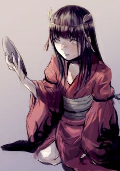 1girl black_hair fatal_frame fatal_frame:_mask_of_the_lunar_eclipse full_body gauss_&lt;bokashi haibara_ayako japanese_clothes kimono lips long_hair red_kimono simple_background solo yellow_eyes