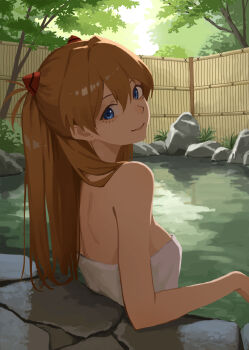 Rule 34 | 1girl, bamboo fence, bathing, blue eyes, breasts, fence, highres, interface headset (evangelion), long hair, looking at viewer, naked towel, neon genesis evangelion, onsen, orange hair, remon popu, shadow, smile, souryuu asuka langley, towel, tree, turning head, water