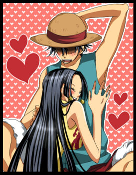 1boy 1girl amazon_warrior black_hair blush boa_hancock chiroru_shimai couple dress earrings hand_on_headwear happy hat heart hetero impel_down jewelry long_hair monkey_d._luffy one_piece pairing scar shorts straw_hat vest yellow_dress
