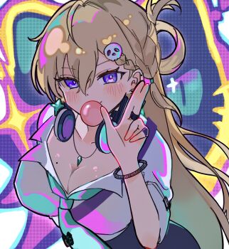 Rule 34 | 1010 (wuthering1010), 1girl, absurdres, aqua necktie, blonde hair, blowing bubble gum, blush, braid, braided bangs, breasts, chewing gum, cleavage, commentary request, hair between eyes, hair ornament, hand up, headphones, headphones around neck, highres, jewelry, large breasts, long hair, looking at viewer, lynae (wuthering waves), mole, mole on breast, necklace, necktie, purple eyes, skull hair ornament, solo, upper body, wuthering waves