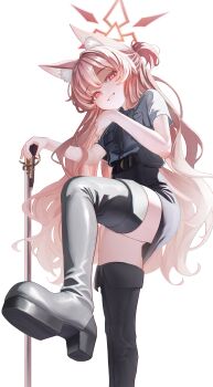 1girl 1llusori akira_(blue_archive) animal_ear_fluff animal_ears blue_archive boots breasts cat_ears commentary english_commentary fox_ears fox_girl halo highres long_hair shirt small_breasts solo thigh_boots thighhighs