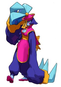 Rule 34 | 1girl, :<, absurdres, adjusting clothes, adjusting headwear, bengus, blue hair, blue skin, blush stickers, breasts, chinese clothes, claw (weapon), claws, cleavage, cleavage cutout, clothing cutout, colored skin, darkstalkers, full body, game cg, hat, highres, hsien-ko, jiangshi, long sleeves, medium breasts, non-web source, official art, ofuda, qingdai guanmao, short hair, simple background, sleeves past wrists, solo, standing, vampire savior: the lord of vampire, walking, weapon, white background