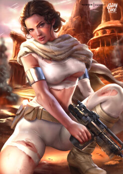 1girl absurdres artist_logo artist_name belt bodysuit boots brown_eyes brown_hair desert gun highres holding holding_gun holding_weapon logan_cure logo looking_at_viewer midriff on_one_knee outdoors padme_amidala patreon_username short_hair solo star_wars star_wars:_attack_of_the_clones torn_bodysuit torn_clothes watermark weapon white_bodysuit