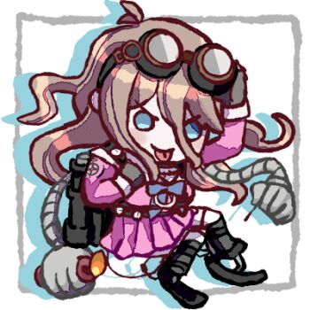 1girl :p adjusting_eyewear antenna_hair backpack bag barbed_wire belt black-framed_eyewear black_bag black_belt black_boots black_choker black_gloves blonde_hair blue_bow blue_bowtie blue_eyes blush_stickers boots bow bowtie breasts candle chest_belt chibi choker cleavage closed_mouth crest crossed_legs danganronpa_(series) danganronpa_v3:_killing_harmony drop_shadow fingerless_gloves fire gloves goggles goggles_on_head hair_between_eyes holding holding_candle iruma_miu jetpack jewelry knee_boots large_breasts long_hair long_hair_between_eyes long_sleeves lowres mechanical_arms miniskirt multiple_belts na_no_(nanoatm) necklace o-ring o-ring_belt outside_border over-kneehighs picture_frame pink_serafuku pink_shirt pink_skirt pleated_skirt round_eyewear sailor_collar school_uniform serafuku shirt shoe_belt skirt skirt_set smile smug socks solid_circle_eyes solo thighhighs tongue tongue_out transparent_background v-shaped_eyebrows very_long_hair wavy_hair wax white_sailor_collar white_socks