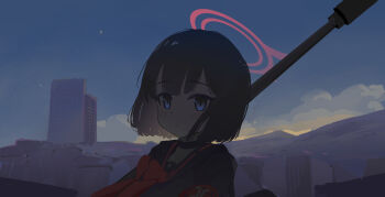 Rule 34 | 1girl, 9 (s2521), anzio ironworks 20mm rifle, black hair, blue archive, blue eyes, choker, city, cloud, commentary request, halo, highres, mashiro (blue archive), outdoors, red halo, short hair, sky, solo, weapon