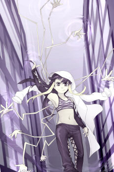 1girl aerokinesis air_current animal_print arm_up armpits arms_up bare_shoulders black_eyes black_hair black_pants black_sleeves breasts bright_pupils building closed_mouth coat coat_on_head collarbone commentary crop_top cross-laced_clothes cross-laced_legwear cross-laced_pants cross-laced_sleeves cyborg detached_sleeves english_commentary extra_arms feet_out_of_frame grey_tank_top groin highres kuroyoru_umidori lace-up lace-up_legwear lace-up_pants cross-laced_sleeves long_hair long_sidelocks long_sleeves looking_at_viewer mechanical_arms midriff multicolored_hair navel outdoors pants purple_background purple_theme science_fiction sidelocks small_breasts smile solo stomach tank_top toaru_majutsu_no_index toaru_majutsu_no_index:_new_testament two-tone_hair two-tone_tank_top vilatile visible_air walking white_coat white_pupils wind window zebra_print