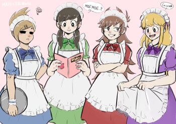 4girls alternate_costume alternate_hair_color alternate_hairstyle animification antenna_hair apron blonde_hair blue_bow blue_bowtie blue_dress blush bow bowtie bright_pupils brown_hair cameo cat commentary_request cowboy_shot crossed_arms dress eddsworld ell_(eddsworld) english_text enmaided eyebrow_piercing face_piercing flat_color flipped_hair frilled_wrist_cuffs frills green_bow green_bowtie green_dress green_eyes grin hair_ears hair_ornament hairclip highres holding holding_menu holding_tray hollow_eyes kashimiato long_hair long_sidelocks looking_down low_twintails maid maid_headdress matilda_(eddsworld) menu moe_(phrase) multiple_girls parallel_hairclips partial_commentary piercing pink_background purple_bow purple_bowtie purple_dress reading red_bow red_bowtie red_dress red_eyes ringo_(eddsworld) short_hair sidelocks smile speech_bubble tamara_(eddsworld) thought_bubble topknot tori_(eddsworld) tray twintails white_apron white_pupils wrist_cuffs