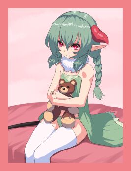 1girl bare_shoulders bochi_(yamakan) braid commentary_request demon_girl dress expressionless flat_chest green_hair green_panties highres holding holding_stuffed_toy horns long_hair looking_down original panties pointy_ears red_eyes sitting solo stuffed_animal stuffed_toy tail teddy_bear thighhighs underwear white_thighhighs