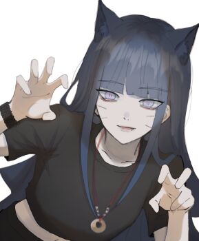 1girl animal_ears bent_over black_hair black_shirt blunt_bangs boruto:_two_blue_vortex bracelet cat_ears claw_pose crop_top cropped_shirt facial_mark fang highres ifevilwhyuhot jewelry kemonomimi_mode long_hair midriff naruto_(series) navel necklace purple_eyes shirt sidelocks smile solo upper_body uzumaki_himawari whisker_markings
