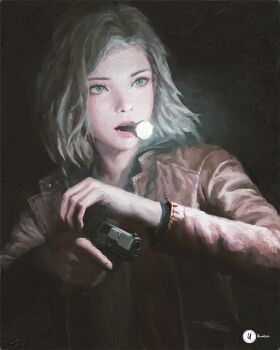 1girl absurdres artist_logo black_background blonde_hair brown_jacket cocking_gun dark flashlight grace_ashcroft green_eyes gun handgun highres holding holding_flashlight holding_gun holding_weapon jacket lips logo looking_ahead medium_hair object_to_mouth open_clothes open_jacket painterly parted_bangs resident_evil resident_evil_requiem signature solo upper_body weapon xianggang_jizhe