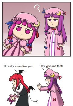 2girls :< :t ? ^_^ black_skirt black_vest black_wings blue_bow blunt_bangs blush bow capelet character_doll closed_eyes collared_shirt commentary cowboy_shot crescent crescent_hat_ornament demon_tail doll dot_nose dress edgycat english_commentary english_text expressionless fumo_(doll) gradient_background hair_bow hair_ribbon hat hat_bow hat_ornament head_wings hime_cut holding holding_doll koakuma long_hair long_sleeves low_wings mob_cap multiple_girls multiple_hair_bows no_pupils patchouli_knowledge pink_background pink_capelet pink_hat pointy_ears profile purple_dress purple_eyes purple_hair red_bow ribbon shaded_face shirt sidelocks simple_background skirt skirt_set smile standing striped_clothes striped_dress tail touhou tress_ribbon vertical-striped_clothes vertical-striped_dress vest white_background white_shirt wings
