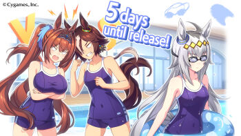 3girls ahoge animal_ears bare_shoulders breasts brown_hair clenched_hands closed_mouth collarbone company_name copyright_notice crossed_arms cygames daiwa_scarlet_(umamusume) ear_ornament english_text goggles grey_hair hair_ornament highres horse_ears horse_girl horse_tail indoors innertube kickboard large_breasts long_hair multicolored_hair multiple_girls official_art oguri_cap_(umamusume) open_mouth pool poolside rolling_eyes small_breasts swim_ring swimsuit tail teeth thighs tiara tracen_swimsuit umamusume upper_teeth_only vodka_(umamusume) vs water_drop white_hair window