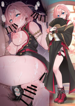 1girl 4boys absurdres anal armlet ass bar_censor bare_shoulders black_dress blue_eyes blurry blurry_background blush braid breasts censored cum cum_in_ass cum_on_body cum_on_breasts cum_on_hands cum_on_upper_body dress earrings facial fellatio fingernails grin hair_between_eyes hand_fan heart highres holding holding_fan hololive jewelry kokemomo_(makesound) large_breasts lattice long_hair long_sleeves multiple_boys nail_polish nipples oral paper_fan penis pink_hair purple_nails pussy red_dress red_shoes sex shoes smile solo_focus takane_lui takane_lui_(china_dress) tassel tearing_up thigh_strap thighs translation_request vaginal virtual_youtuber