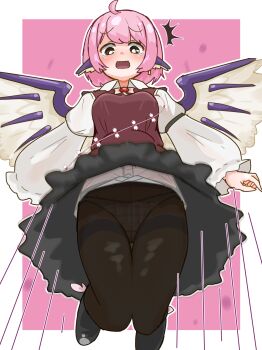 1girl :o ^^^ ahoge be_yu bird_girl bird_wings black_pantyhose black_shoes black_skirt blush border breasts brown_vest commentary crotch_seam frilled_sleeves frills groin highres jumping long_sleeves looking_at_viewer mystia_lorelei nose_blush outline panties panties_under_pantyhose pantyhose pantyshot pink_background pink_hair pink_panties plaid_clothes plaid_panties shirt shoes short_hair skirt small_breasts solo stomach tears thighband_pantyhose thighs touhou underwear upskirt vest white_border white_outline white_shirt wind wind_lift wing_ears wings