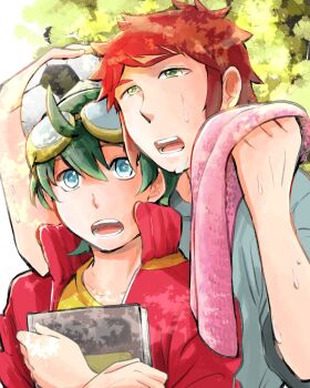 appmon ball book digimon digimon_universe:_appli_monsters highres ozora_yujin shinkai_haru soccer_ball tagme towel