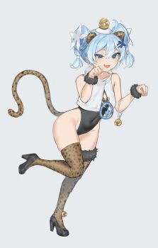 1girl absurdres animal_ears animal_print black_leotard cleavage_cutout clothing_cutout crop_top fake_animal_ears fake_tail high_heels highleg highleg_leotard highres leopard_ears leopard_print leopard_tail leotard loli negative_cha09 open_mouth sleeveless smile solo standing tail thighhighs thighs wuthering_waves youhu_(wuthering_waves)