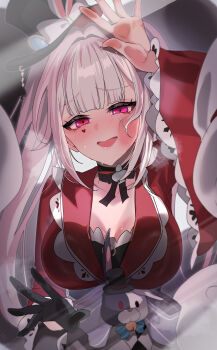 Rule 34 | 1girl, absurdres, against glass, anzu0130, black gloves, black hat, blush, breasts, capelet, cleavage, commentary, facial mark, gloves, hat, heart, heart facial mark, highres, honkai: star rail, honkai (series), in crane game, long hair, looking at viewer, open mouth, purple eyes, red capelet, solo, sparkle (honkai: star rail), sparxie (honkai: star rail), stuffed toy, symbol-only commentary, top hat, very long hair, white hair