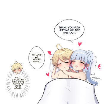 1boy 1girl aether_(genshin_impact) aftersex ahoge ayaka_(genshin_impact) bed blanket blonde_hair blush english_text genshin_impact hair_ornament highres hug midori_(midori13579) ponytail smile speech_bubble tassel tassel_hair_ornament under_covers white_background white_hair