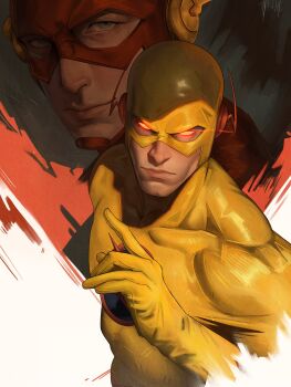 2boys absurdres bodysuit dc_comics glowing glowing_eyes highres keanurye male_focus multicolored_bodysuit multiple_boys muscular muscular_male red_bodysuit red_lightning reverse_flash superhero_costume the_flash the_flash_(series) two-tone_bodysuit yellow_bodysuit