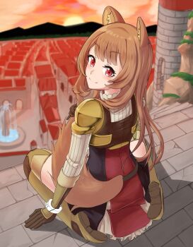 1girl animal_ear_fluff animal_ears armor belt black_belt black_dress blunt_bangs boots breastplate brown_boots brown_hair closed_mouth cloud cloudy_sky collared_dress commentary_request double-parted_bangs dress dusk eyelashes from_behind full_body high_collar highres holding holding_own_hair korean_commentary layered_dress light_blush long_hair long_sleeves looking_at_viewer looking_back metal_wrist_cuffs mountainous_horizon nose orange_sky pauldrons pinstripe_dress pinstripe_pattern raccoon_ears raccoon_girl raccoon_tail raised_eyebrows raphtalia red_dress red_eyes red_sky shoulder_armor single_pauldron sitting sky sleeveless sleeveless_dress smile solo straight_hair sun sunset swept_bangs syhown tail tate_no_yuusha_no_nariagari thigh_boots tower town two-tone_dress unfinished v-shaped_eyebrows wariza white_dress