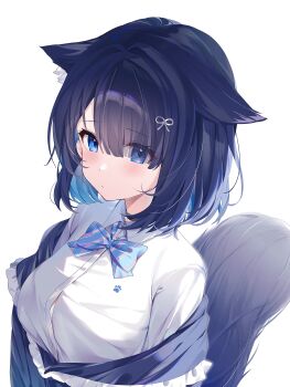 1girl absurdres animal_ear_fluff animal_ears blue_bow blue_bowtie blue_bra blue_eyes blue_hair blush bow bowtie bra bra_peek breasts button_gap cat_ears cat_girl cat_tail closed_mouth collared_shirt colored_inner_hair commentary duchi0356 eyes_visible_through_hair from_side hair_between_eyes hair_ornament highres large_breasts looking_ahead multicolored_hair off_shoulder original paw_print paw_print_pattern shirt short_hair simple_background solo tail underwear upper_body white_background white_shirt