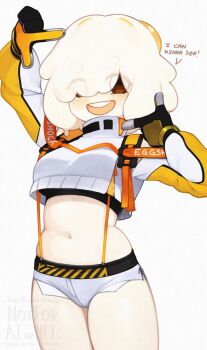 1girl belly black_gloves black_sports_bra blush breasts brown_eyes commentary cosplay cropped_sweater dripping egg_(lemyawn) elegg_(nikke) elegg_(nikke)_(cosplay) english_commentary english_text exposed_pocket eyes_visible_through_hair finger_frame gloves goddess_of_victory:_nikke grey_shorts hair_over_eyes highres medium_breasts micro_shorts midriff monster_girl navel open_mouth original plump shorts simple_background slime_girl solo sports_bra suspender_shorts suspenders sweater teeth two-tone_gloves upper_teeth_only white_background yellow_gloves yoako