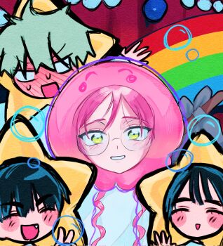 2boys 2girls alien_stage black_hair blank_eyes blush bubble closed_eyes commentary english_commentary fang glasses grey_hair highres ivan_(alien_stage) jellyfish_costume mewpooo_ii mizi_(alien_stage) multiple_boys multiple_girls open_mouth pink_hair rainbow round_eyewear smile star_(symbol) star_costume sua_(alien_stage) till_(alien_stage) yellow_eyes
