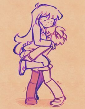 >_< 2girls ahoge between_breasts blush breasts carrying carrying_person commentary couple doki_doki_literature_club doki_doki_literature_club_school_uniform emocheeto english_commentary had_a_dream_everyone_was_drawing_lesbian_ships_like_this_(meme) head_between_breasts highres large_breasts long_hair looking_at_another looking_down meme multiple_girls natsuki_(doki_doki_literature_club) school_uniform shoes short_hair short_twintails simple_background skirt socks standing trembling twintails very_long_hair yuri yuri_(doki_doki_literature_club)