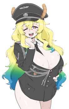 1girl ;d between_breasts black_cat03 black_hat black_jacket black_necktie blonde_hair breasts brown_eyes brown_horns cleavage cross dragon_girl dragon_horns gradient_hair green_hair hat highres horns horns_through_headwear huge_breasts iron_cross jacket kobayashi-san_chi_no_maidragon long_hair looking_at_viewer lucoa_(maidragon) military_dress_uniform military_uniform multicolored_hair nazi necktie necktie_between_breasts one_eye_closed open_mouth peaked_cap smile solo ss_uniform swastika sweat totenkopf waffen-ss