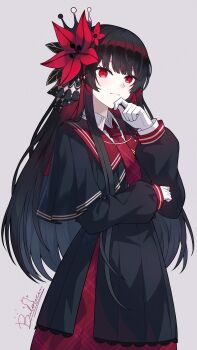 absurdres black_dress bulouxi10818 dress gloves hair_ornament highres mahou_shoujo_no_majo_saiban necktie nikaido_hiro red_eyes red_necktie sailor_collar school_uniform serafuku white_gloves