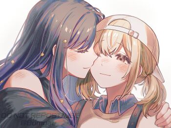 2girls azusawa_kohane bad_id bad_twitter_id baseball_cap black_hair brown_eyes brown_hair closed_eyes clozy_(vtuber) collared_shirt hair_ornament hat highres hug long_hair looking_at_another multiple_girls one_eye_closed project_sekai shiraishi_an shirt short_twintails simple_background smile star_(symbol) star_hair_ornament twintails watermark white_background white_hat wo_habum yuri