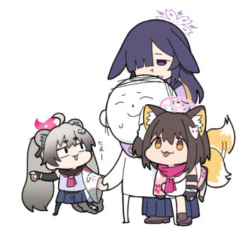 Rule 34 | 1boy, 3girls, :d, :p, afterimage, ahoge, animal ear fluff, animal ears, blue archive, blue skirt, brown hair, brown shoes, carrying, carrying under arm, chibi, closed eyes, closed mouth, commentary request, detached sleeves, doodle sensei (blue archive), fox ears, fox girl, fox mask, fox tail, grey hair, halo, holding hands, izuna (blue archive), loafers, long hair, long sleeves, mask, mask on head, michiru (blue archive), multicolored hair, multiple girls, ninjutsu research club (blue archive), nyaru (nyaru 4126), one side up, open mouth, pleated skirt, pointing, purple eyes, purple hair, school uniform, sensei (blue archive), serafuku, shirt, shoes, simple background, single detached sleeve, skirt, small sweatdrop, smile, sweat, tail, tail wagging, tall female, tongue, tongue out, tsukuyo (blue archive), twintails, two-tone hair, very long hair, white background, white shirt, wide sleeves