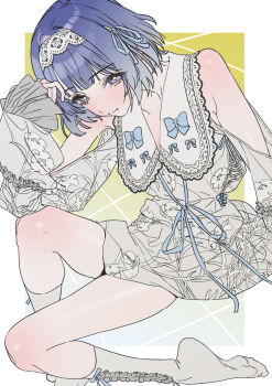 absurdres bare_shoulders blue_eyes blue_hair bow commentary dress floral_print gakuen_idolmaster gradient_hair hair_ribbon hairband hataya_misuzu highres idolmaster looking_at_viewer multicolored_hair naga-agan ribbon short_hair sitting socks white_socks wide_sleeves yellow_background