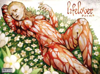 1girl album_cover_redraw artist_name blonde_hair blood blood_on_chest blood_on_leg blood_on_stomach blue_eyes completely_nude derivative_work erratas lifelover_(band) lying nipples nude on_back pussy real_life solo thick_thighs thighs