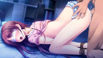 1girl ass bdsm bed_sheet blindfold blush bondage bound breasts game_cg guilty large_breasts long_hair nipples open_mouth rape red_hair toriko_no_kusari yunoki_mio
