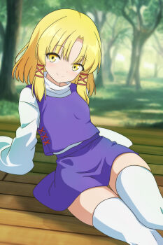 1girl blonde_hair blush brown_ribbon cato_(monocatienus) closed_mouth commentary_request cowboy_shot hair_intakes hair_ribbon highres looking_at_viewer medium_hair miniskirt moriya_suwako no_headwear parted_bangs plant purple_skirt purple_vest ribbon shirt sidelocks skirt sleeves_past_fingers sleeves_past_wrists smile solo thighhighs touhou tree turtleneck turtleneck_shirt vest white_shirt white_thighhighs yellow_eyes zettai_ryouiki