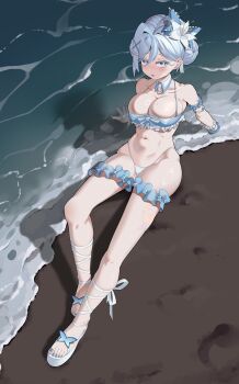 1girl absurdres arm_support bangle beach bead_bracelet bead_necklace beads belly bikini black_survival blue_bikini blue_eyes blue_nails blush bow bracelet breasts bridal_gauntlets bright_pupils bursting_breasts double_bun eternal_return:_black_survival flower frilled_bikini frills full_body googoogaagaa grey_hair hair_behind_ear hair_between_eyes hair_bow hair_bun hair_flower hair_ornament highleg highleg_bikini highres jewelry large_breasts looking_at_viewer micro_bikini multicolored_bikini nail_polish navel necklace ocean official_alternate_costume open_mouth ribbon sandals single_sidelock sitting smile solo sweatdrop swimsuit toenail_polish toenails two-tone_bikini vanya_(black_survival) vanya_(summer_dream)_(black_survival) water white_bikini white_pupils white_ribbon white_sandals wing_collar