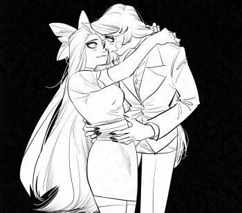 Rule 34 | 2girls, arms around neck, charlie morningstar, commentary, gaugau7696, greyscale, hand on another's waist, hashtag-only commentary, hazbin hotel, hellaverse, highres, jacket, long hair, monochrome, multiple girls, suit jacket, vaggie, yuri