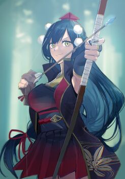 1girl black_hair black_kimono black_nails black_sash bow_(weapon) breasts commentary_request cowboy_shot drawing_bow forest from_side gloves gradient_clothes hakama hakama_skirt hat holding holding_bow_(weapon) holding_weapon japanese_clothes kimono large_breasts long_hair nature nijisanji outdoors partially_fingerless_gloves partly_fingerless_gloves pleated_skirt pom_pom_(clothes) red_skirt sakauri_rk sash serious short_kimono simple_background single_glove skirt sleeveless sleeveless_kimono solo tengu tokin_hat traditional_youkai tree very_long_hair virtual_youtuber weapon yamabushi_tengu yamagami_karuta yamagami_karuta_(5th_costume) yellow_eyes yugake
