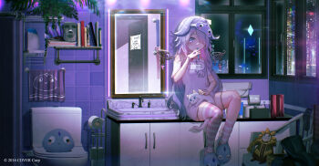1girl advarcher bathroom chest_jewel chibi commentary dress english_commentary gem grey_hair highres hololive hololive_english jewel_under_eye koseki_bijou koseki_bijou_(pebble_pajamas) long_hair mirror multicolored_hair open_mouth pebble_(koseki_bijou) pink_hair purple_eyes purple_hair smile toothbrush virtual_youtuber