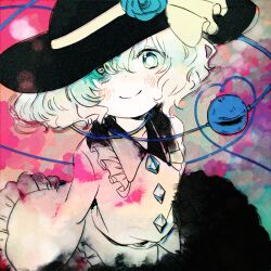Rule 34 | 1girl, black hat, blouse, bow, buttons, diamond button, eyeball, frilled shirt collar, frilled sleeves, frills, green hair, green skirt, hat, hat bow, hat ribbon, heart, heart of string, koishi day, komeiji koishi, ribbon, shirt, skirt, solo, third eye, touhou, wide sleeves, yellow bow, yellow ribbon, yellow shirt, yonago