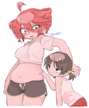 2girls anger_vein black_hair black_shorts blush breasts camisole commentary_request crop_top drill_hair grabbing_another&#039;s_stomach hair_bobbles hair_ornament kaai_yuki kasane_teto medium_breasts midriff multiple_girls ocdbpd open_mouth plump red_eyes red_hair shirt short_shorts short_sleeves short_twintails shorts simple_background stomach twintails twitter_username utau vocaloid white_background white_camisole white_shirt