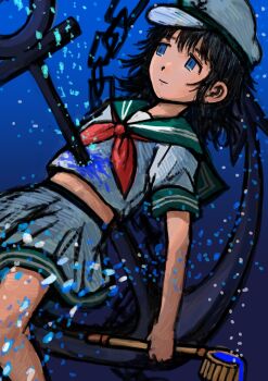 1girl air_bubble black_hair blue_eyes bubble chain commentary_request dade_ne green_sailor_collar hat highres holding holding_ladle impaled ladle looking_up murasa_minamitsu one-hour_drawing_challenge sailor_collar sailor_hat short_sleeves solo touhou underwater