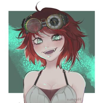 1girl ahoge alternate_breast_size_(larger) bad_link bare_shoulders breasts cleavage collarbone commission commissioner_upload goggles goggles_on_head green_eyes indie_virtual_youtuber looking_at_viewer medium_breasts medium_hair open_mouth paegan_o_ceallaigh red_hair rustpuff smile solo upper_body