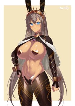 1girl 8k abs absurdres animal_ears blue_eyes border breasts chain collar fate/grand_order fate_(series) gem highres incredibly_absurdres jewelry kurozawa_yui large_breasts playboy_bunny resized tan thick_thighs thighs upscaled waifu2x zenobia_(fate)