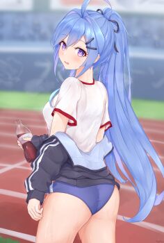 1girl absurdres ahoge ass azur_lane black_ribbon blue_buruma blue_hair blurry blurry_background bottle buruma gym_uniform hair_ribbon helena_(azur_lane) highres kyl490 long_hair open_mouth ponytail purple_eyes ribbon running_track shirt soda_bottle solo white_shirt