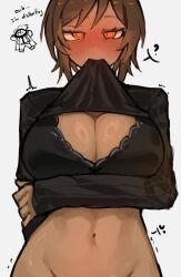 Rule 34 | ?, arm under breasts, black bra, black sweater, blush, bra, breasts, brown hair, cleavage, clock, clothes in mouth, coat, dante (limbus company), dark-skinned female, dark skin, embarrassed, english text, highres, large breasts, limbus company, necktie, no panties, orange eyes, out-of-frame censoring, outis (project moon), project moon, shigezie, short hair, spoken question mark, sweater, underwear