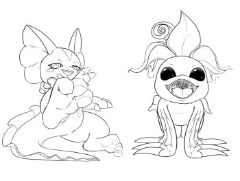 Rule 34 | claws, digimon, digimon (creature), elizamon, feet, flower, foot focus, highres, imposter dude, looking at viewer, monochrome, open mouth, palmon, petals, ribbon, sharp teeth, tail, teeth